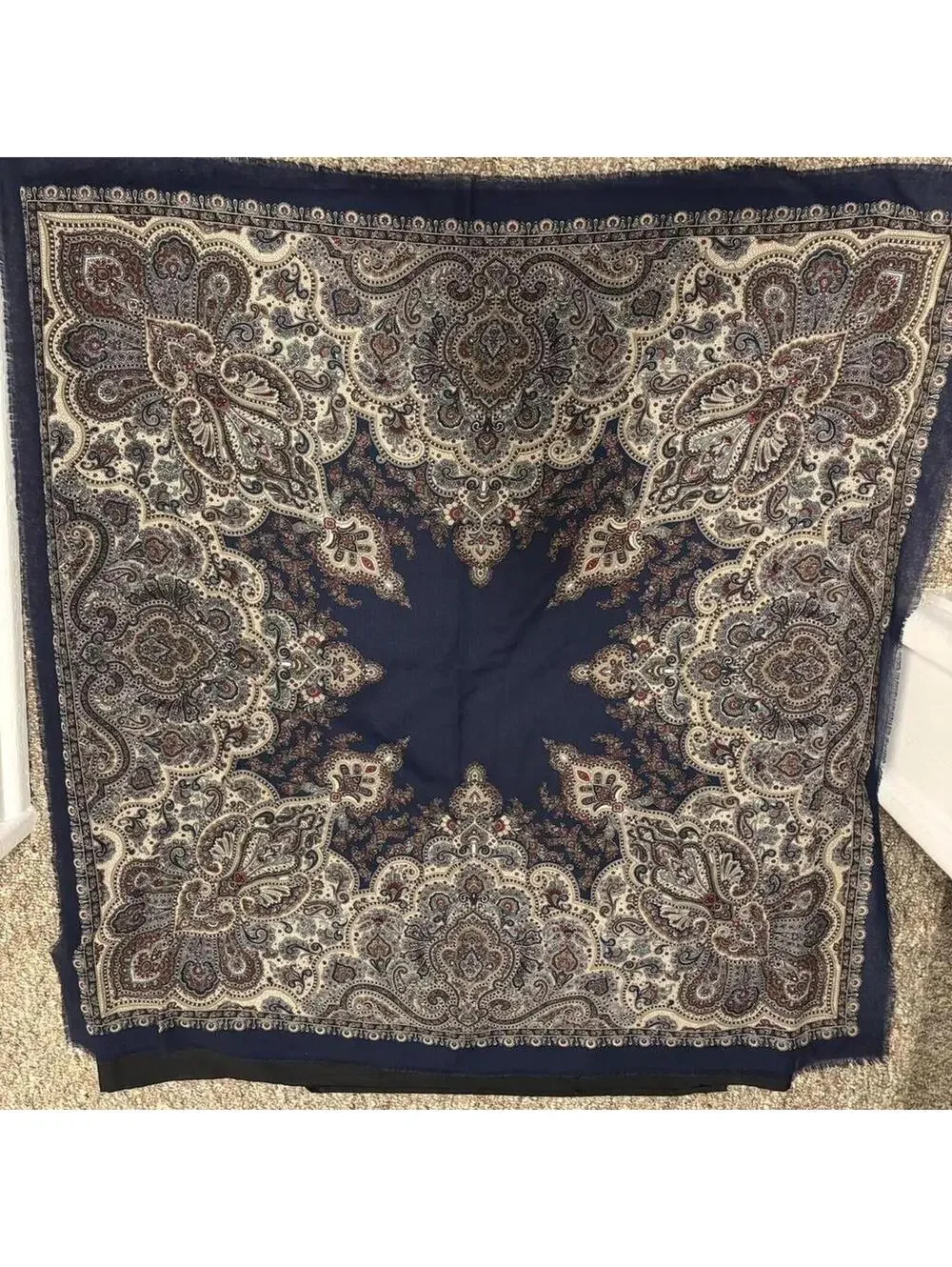 Vintage Paisley Scarf Shawl Navy Blue Red Cream Boho Wrap Fringe Lightweight
